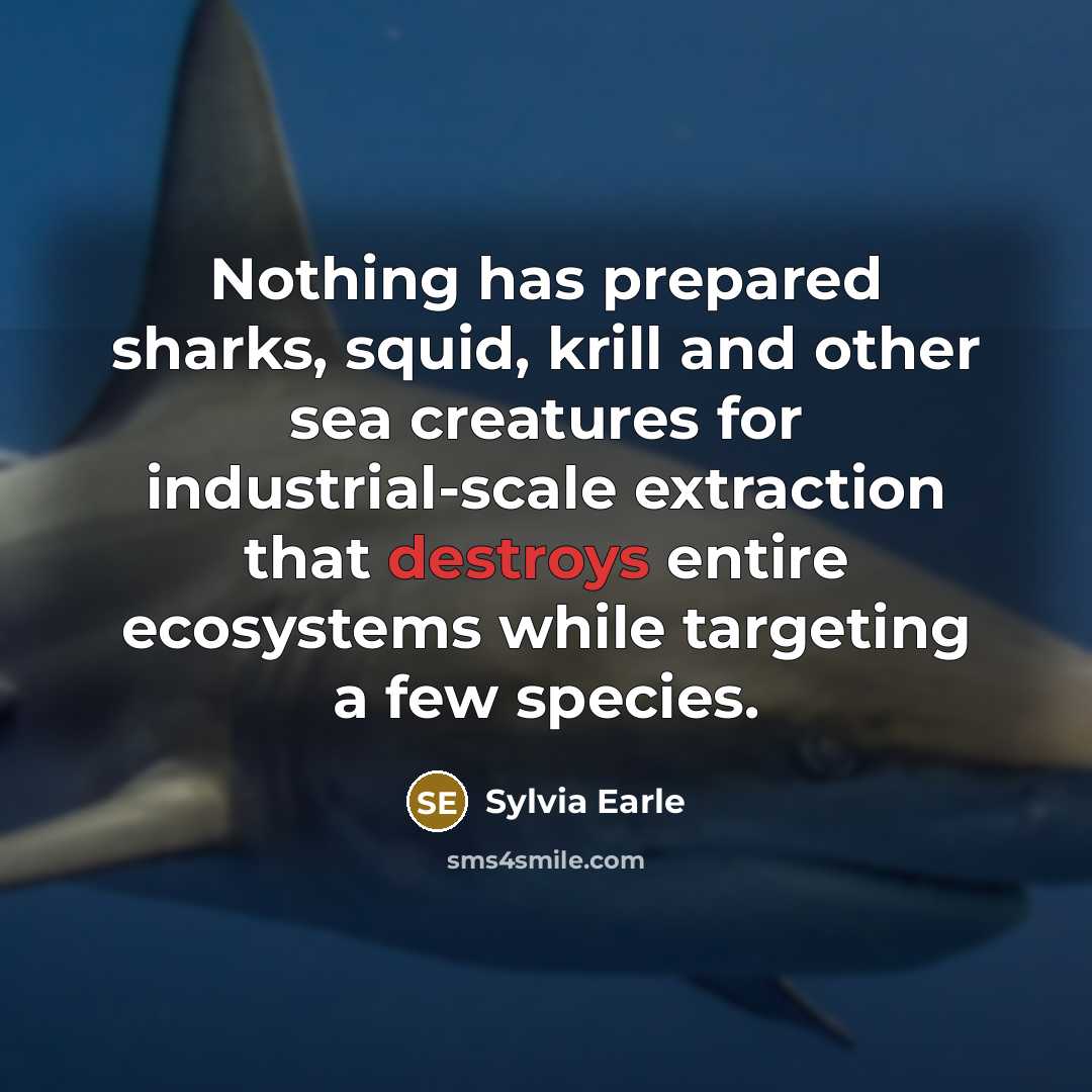 “Nothing has prepared sharks, squid, krill and other sea creatures for industrial-scale extraction that destroys entire ecosystems while targeting a few species.” quote by Sylvia Earle