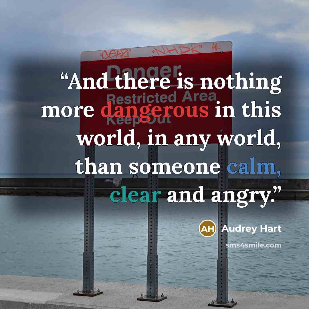 “And there is nothing more dangerous in this world, in any world, than someone calm, clear and angry.” quote by Audrey Hart