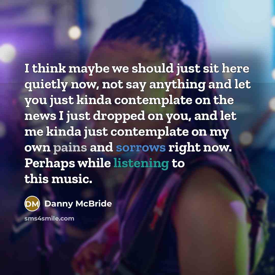 “I think maybe we should just sit here quietly now, not say anything and let you just kinda contemplate on the news I just dropped on you, and let me kinda just contemplate on my own pains and sorrows right now. Perhaps while listening to this music.” quote by Danny Mcbride