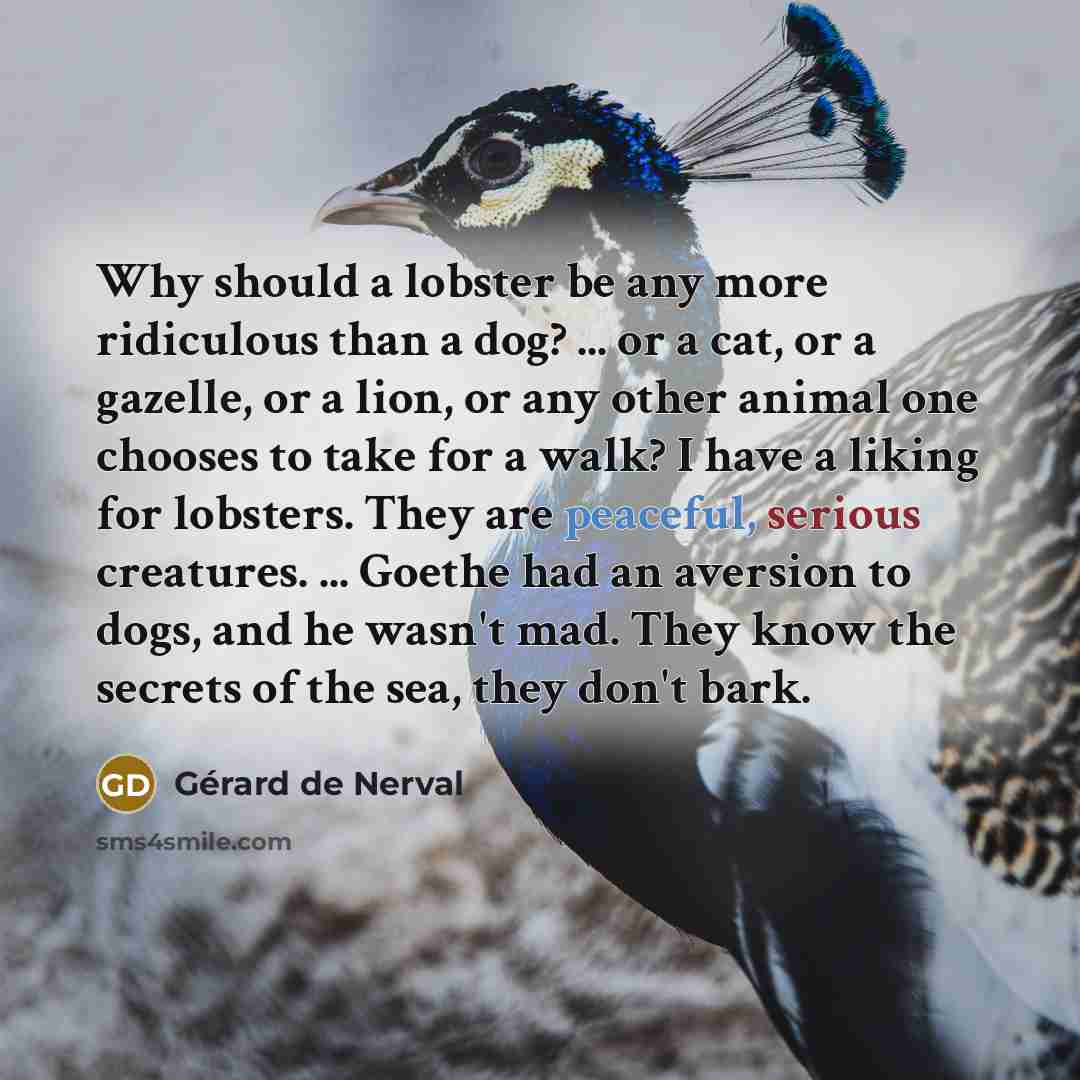 “Why should a lobster be any more ridiculous than a dog? ... or a cat, or a gazelle, or a lion, or any other animal one chooses to take for a walk? I have a liking for lobsters. They are peaceful, serious creatures. ... Goethe had an aversion to dogs, and he wasn't mad. They know the secrets of the…” quote by Gerard De Nerval