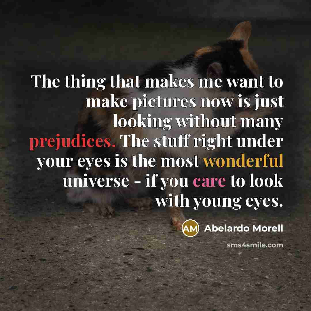 “The thing that makes me want to make pictures now is just looking without many prejudices. The stuff right under your eyes is the most wonderful universe - if you care to look with young eyes.” quote by Abelardo Morell
