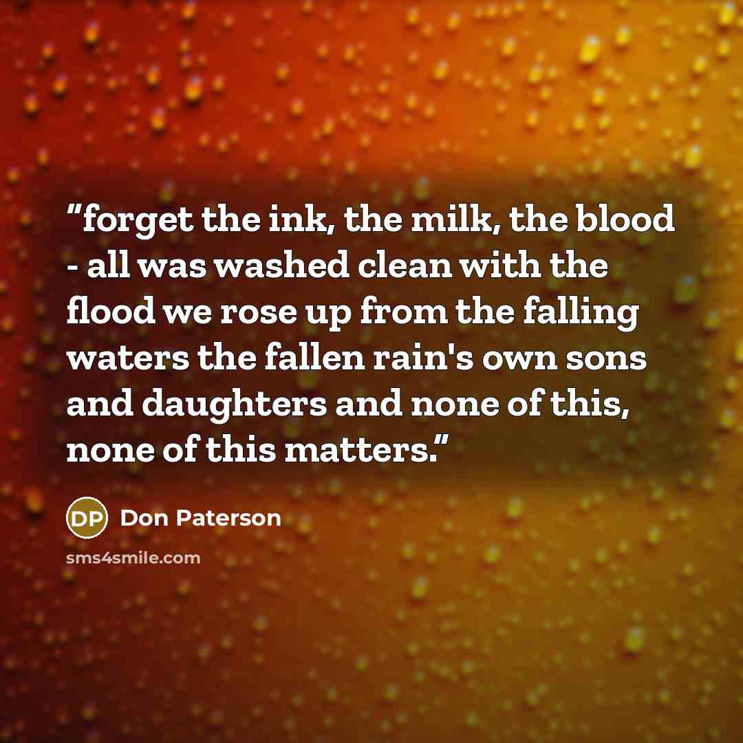 “forget the ink, the milk, the blood - all was washed clean with the flood we rose up from the falling waters the fallen rain's own sons and daughters and none of this, none of this matters.” quote by Don Paterson