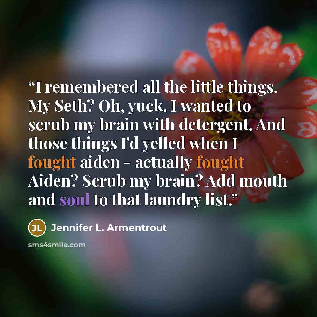 “I remembered all the little things. My Seth? Oh, yuck. I wanted to scrub my brain with detergent. And those things I'd yelled when I fought aiden - actually fought Aiden? Scrub my brain? Add mouth and soul to that laundry list.” quote by Jennifer L. Armentrout