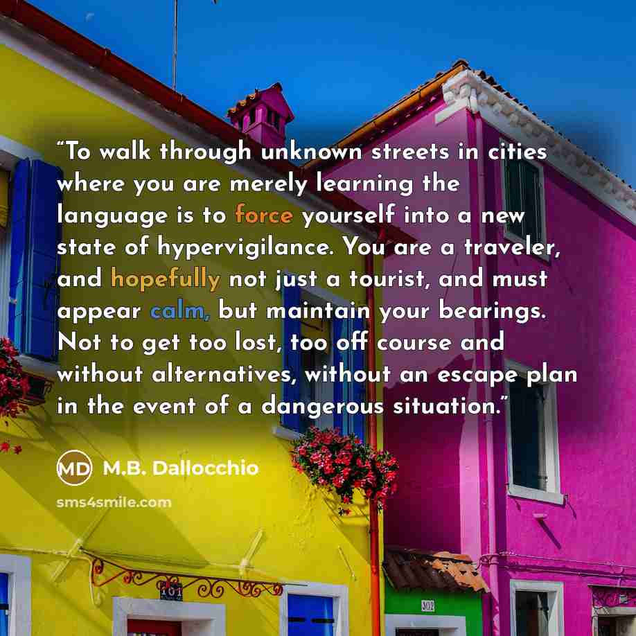 “To walk through unknown streets in cities where you are merely learning the language is to force yourself into a new state of hypervigilance. You are a traveler, and hopefully not just a tourist, and must appear calm, but maintain your bearings. Not to get too lost, too off course and without…” quote by M.B. Dallocchio