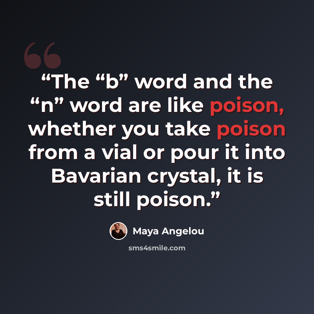 “The “b” word and the “n” word are like poison, whether you take poison from a vial or pour it into Bavarian crystal, it is still poison.” quote by Maya Angelou
