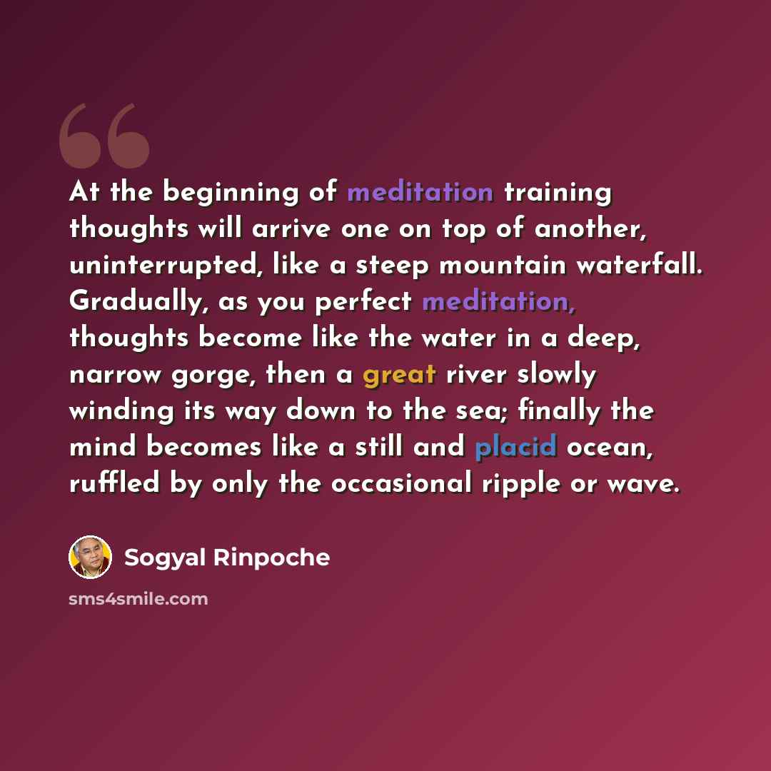 “At the beginning of meditation training thoughts will arrive one on top of another, uninterrupted, like a steep mountain waterfall. Gradually, as you perfect meditation, thoughts become like the water in a deep, narrow gorge, then a great river slowly winding its way down to the sea; finally the…” quote by Sogyal Rinpoche