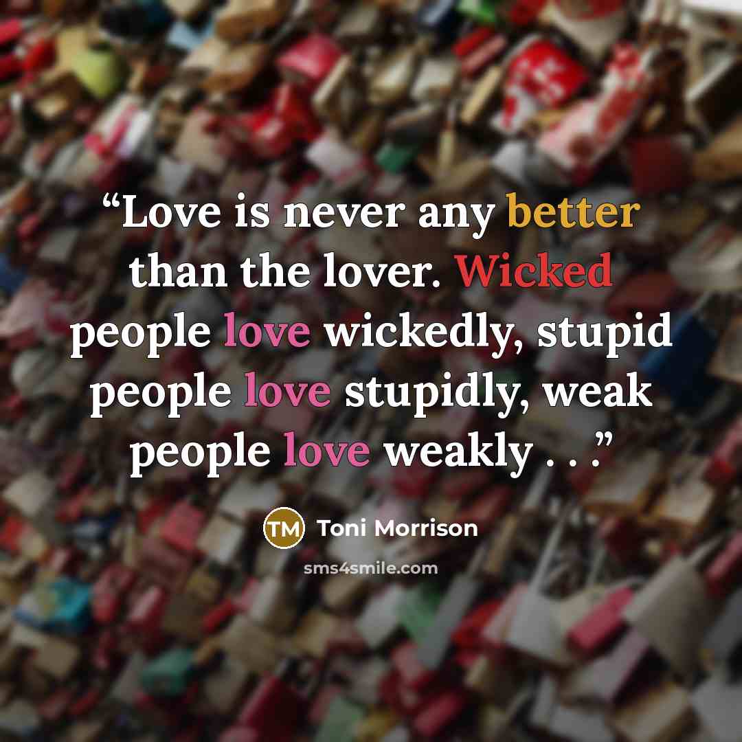“Love is never any better than the lover. Wicked people love wickedly, stupid people love stupidly, weak people love weakly . . .” quote by Toni Morrison