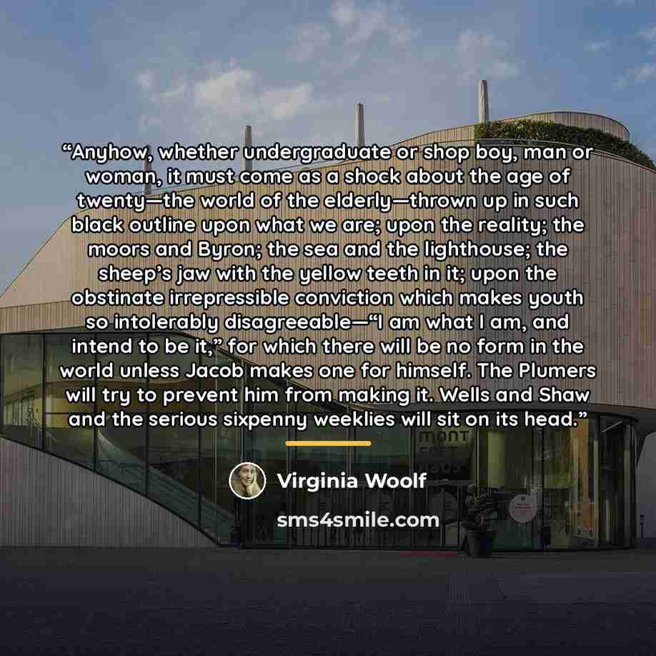 “Anyhow, whether undergraduate or shop boy, man or woman, it must come as a shock about the age of twenty—the world of the elderly—thrown up in such black outline upon what we are; upon the reality; the moors and Byron; the sea and the lighthouse; the sheep’s jaw with the yellow teeth in it; upon…” quote by Virginia Woolf