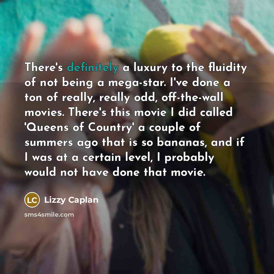 “There's definitely a luxury to the fluidity of not being a mega-star. I've done a ton of really, really odd, off-the-wall movies. There's this movie I did called 'Queens of Country' a couple of summers ago that is so bananas, and if I was at a certain level, I probably would not have done that…” quote by Lizzy Caplan