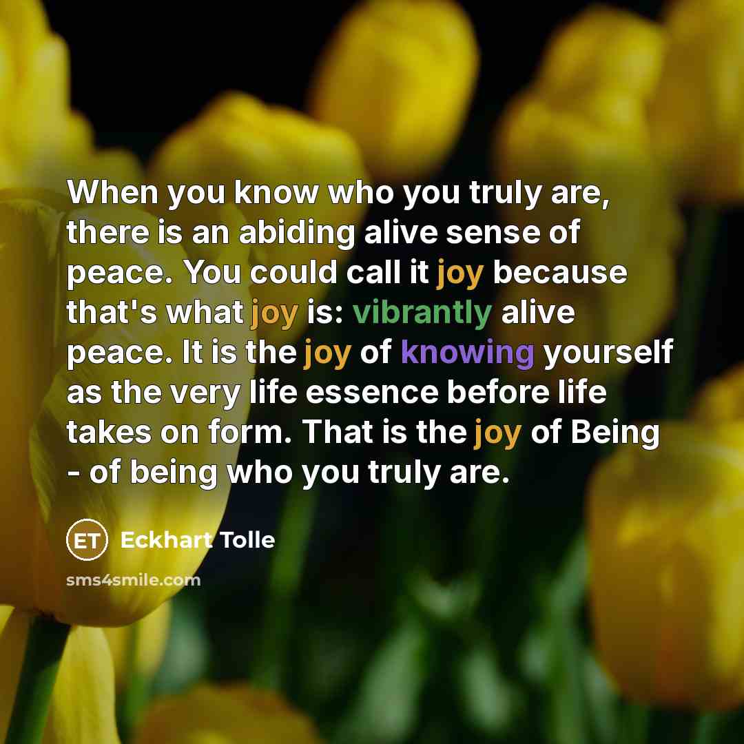 “When you know who you truly are, there is an abiding alive sense of peace. You could call it joy because that's what joy is: vibrantly alive peace. It is the joy of knowing yourself as the very life essence before life takes on form. That is the joy of Being - of being who you truly are.” quote by Eckhart Tolle