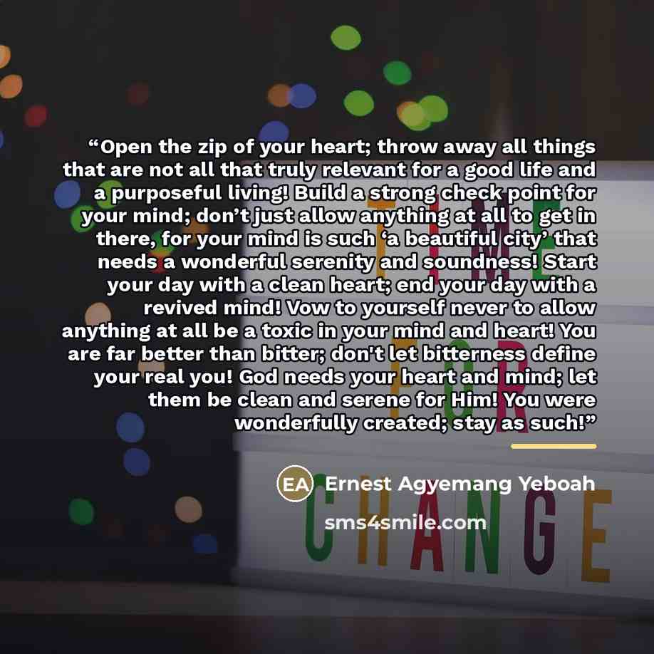 “Open the zip of your heart; throw away all things that are not all that truly relevant for a good life and a purposeful living! Build a strong check point for your mind; don’t just allow anything at all to get in there, for your mind is such ‘a beautiful city’ that needs a wonderful serenity and…” quote by Ernest Agyemang Yeboah