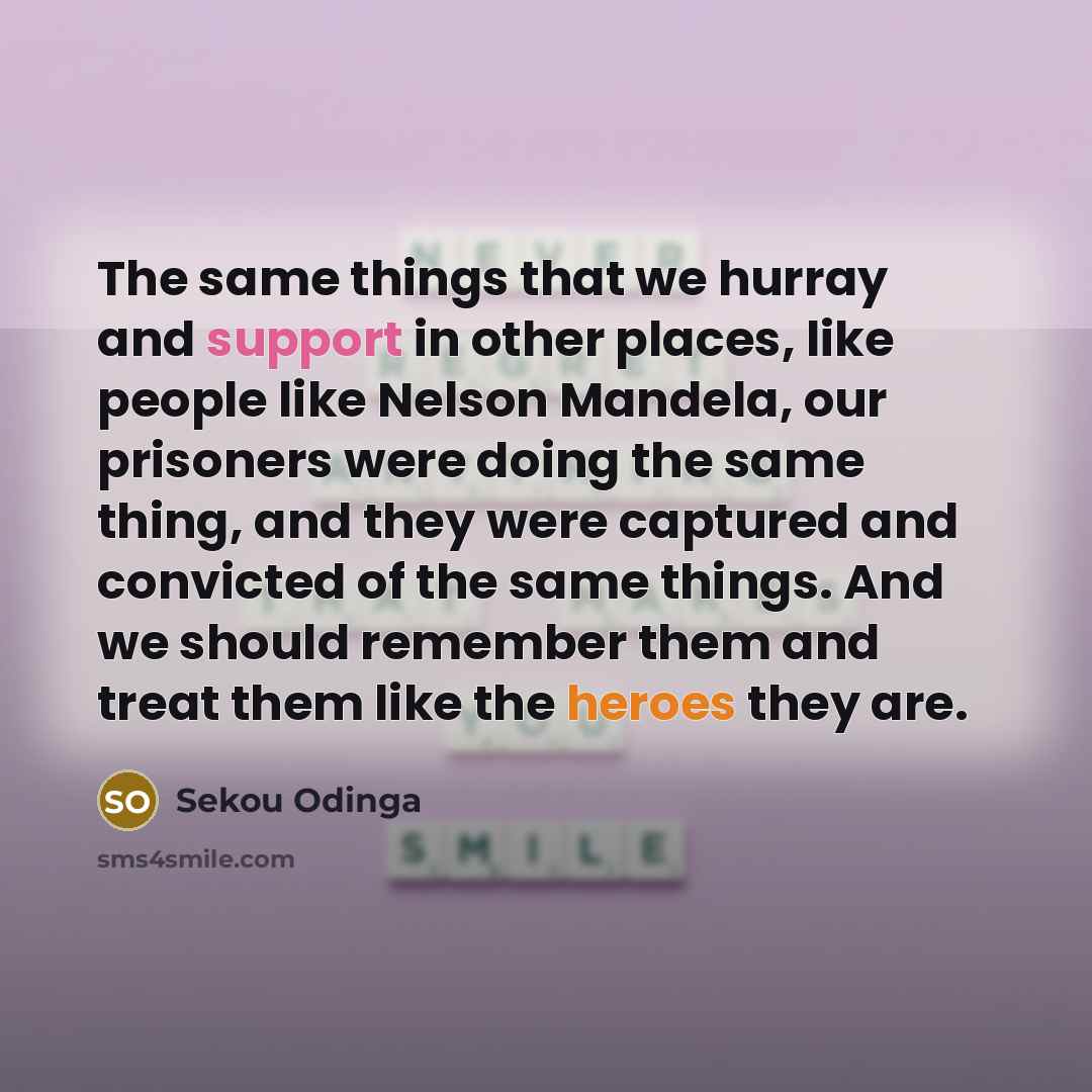 “The same things that we hurray and support in other places, like people like Nelson Mandela, our prisoners were doing the same thing, and they were captured and convicted of the same things. And we should remember them and treat them like the heroes they are.” quote by Sekou Odinga