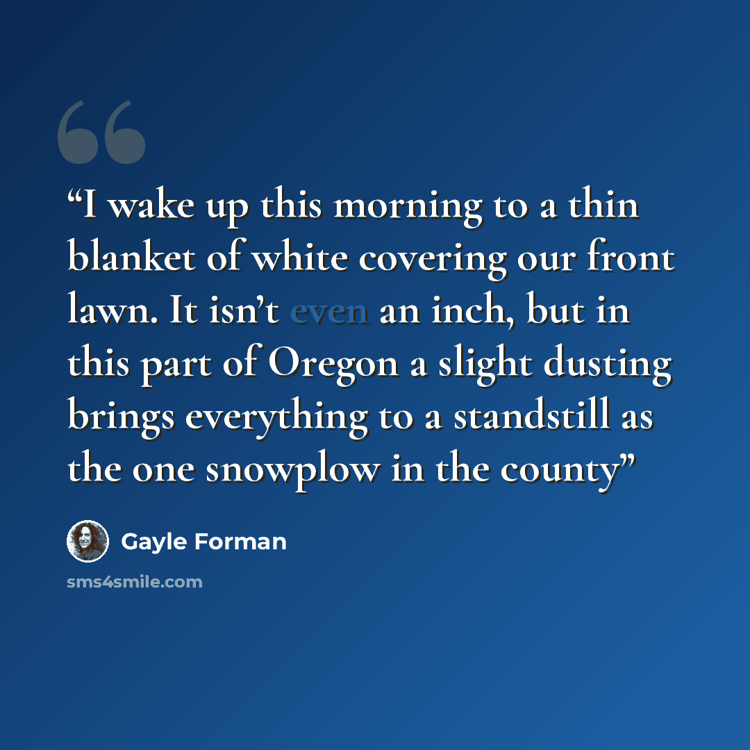 “I wake up this morning to a thin blanket of white covering our front lawn. It isn’t even an inch, but in this part of Oregon a slight dusting brings everything to a standstill as the one snowplow in the county” quote by Gayle Forman