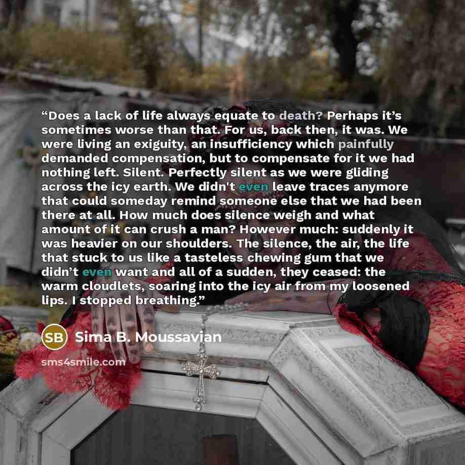 “Does a lack of life always equate to death? Perhaps it’s sometimes worse than that. For us, back then, it was. We were living an exiguity, an insufficiency which painfully demanded compensation, but to compensate for it we had nothing left. Silent. Perfectly silent as we were gliding across the…” quote by Sima B. Moussavian