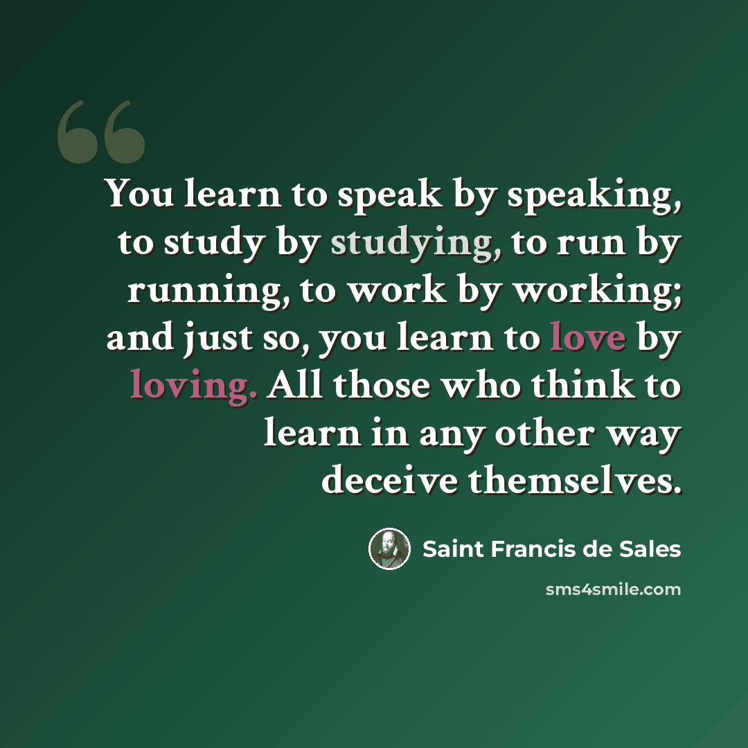 “You learn to speak by speaking, to study by studying, to run by running, to work by working; and just so, you learn to love by loving. All those who think to learn in any other way deceive themselves.” quote by Saint Francis De Sales