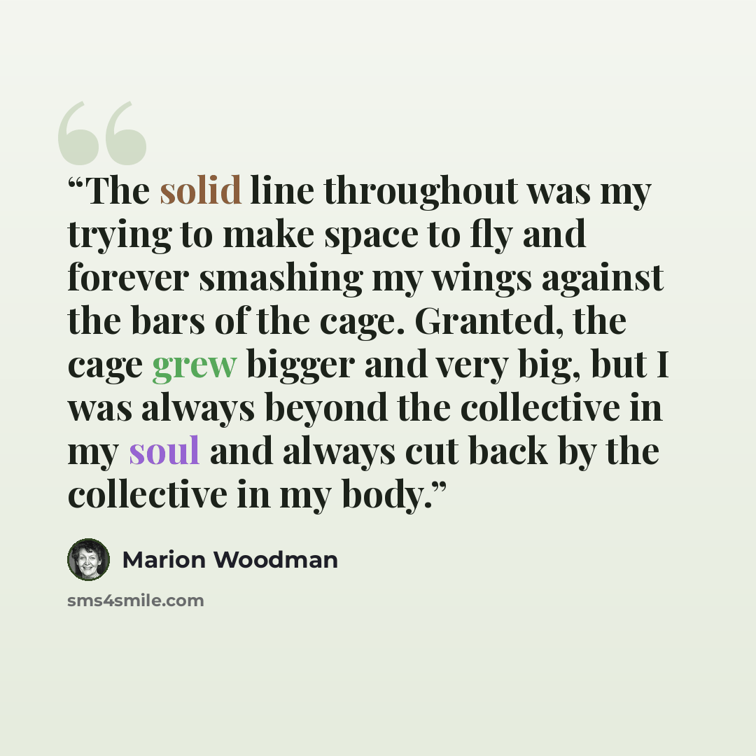 “The solid line throughout was my trying to make space to fly and forever smashing my wings against the bars of the cage. Granted, the cage grew bigger and very big, but I was always beyond the collective in my soul and always cut back by the collective in my body.” quote by Marion Woodman