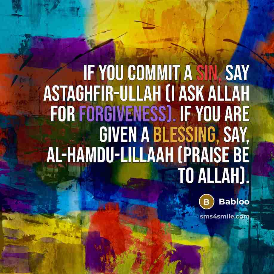 “If you commit a sin, say Astaghfir-ullah (I ask Allah for forgiveness). If you are given a blessing, say, Al-Hamdu-Lillaah (praise be to Allah).” quote by Babloo