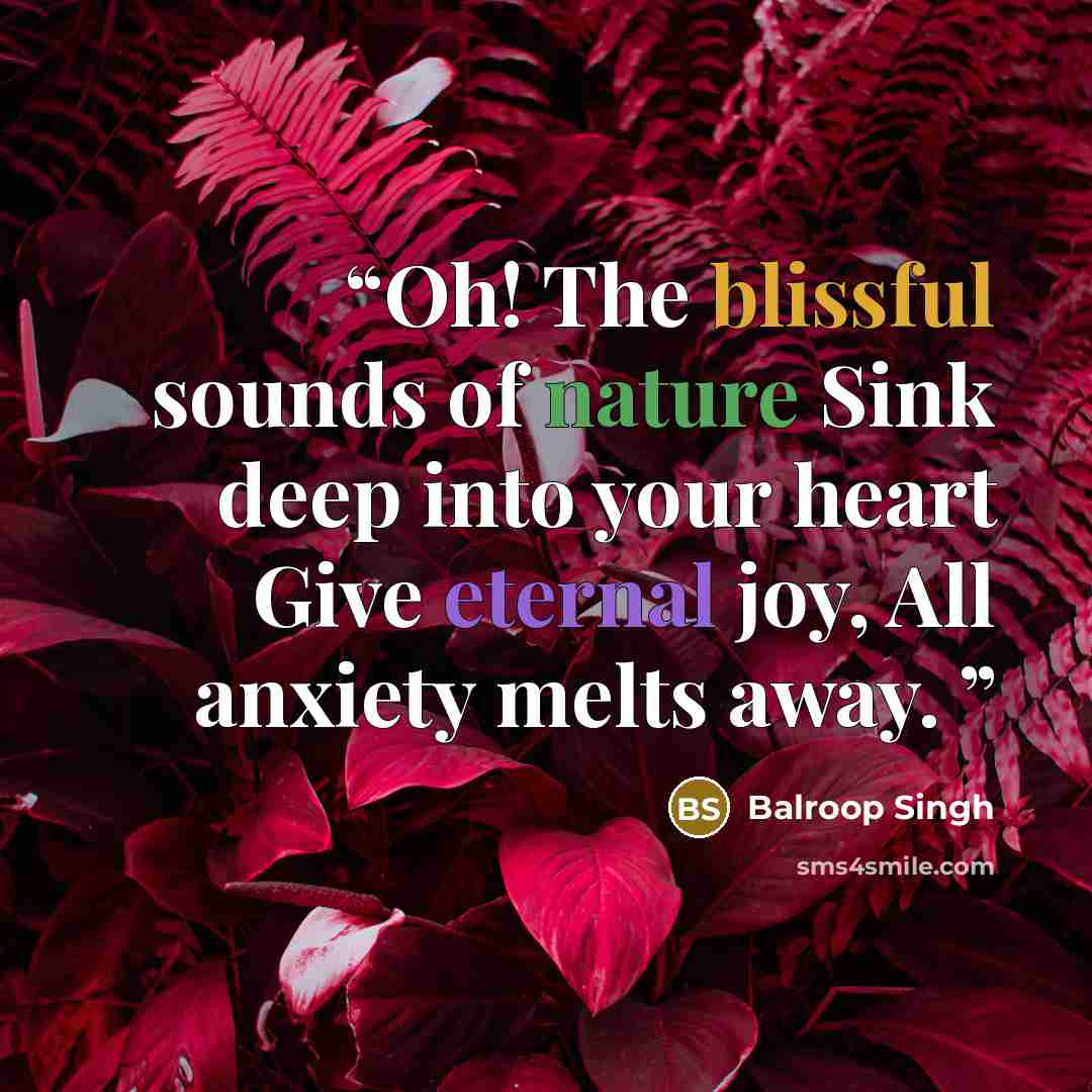 “Oh! The blissful sounds of nature Sink deep into your heart Give eternal joy, All anxiety melts away.” quote by Balroop Singh