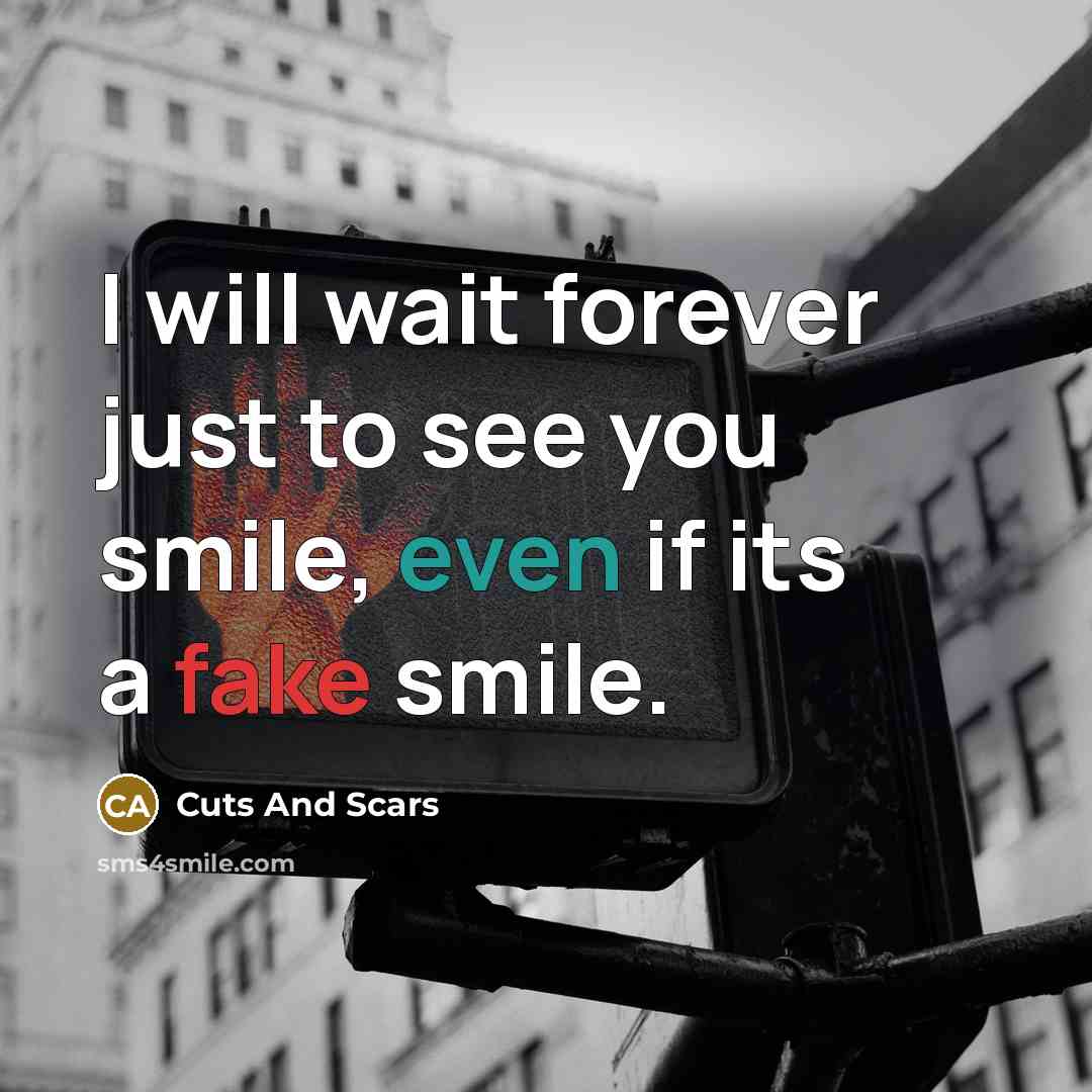 “I will wait forever just to see you smile, even if its a fake smile.” quote by Cuts And Scars