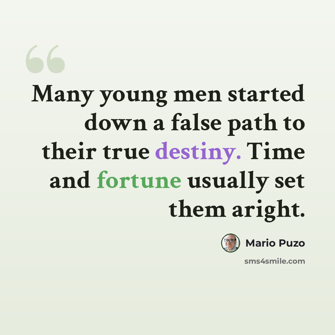 “Many young men started down a false path to their true destiny. Time and fortune usually set them aright.” quote by Mario Puzo