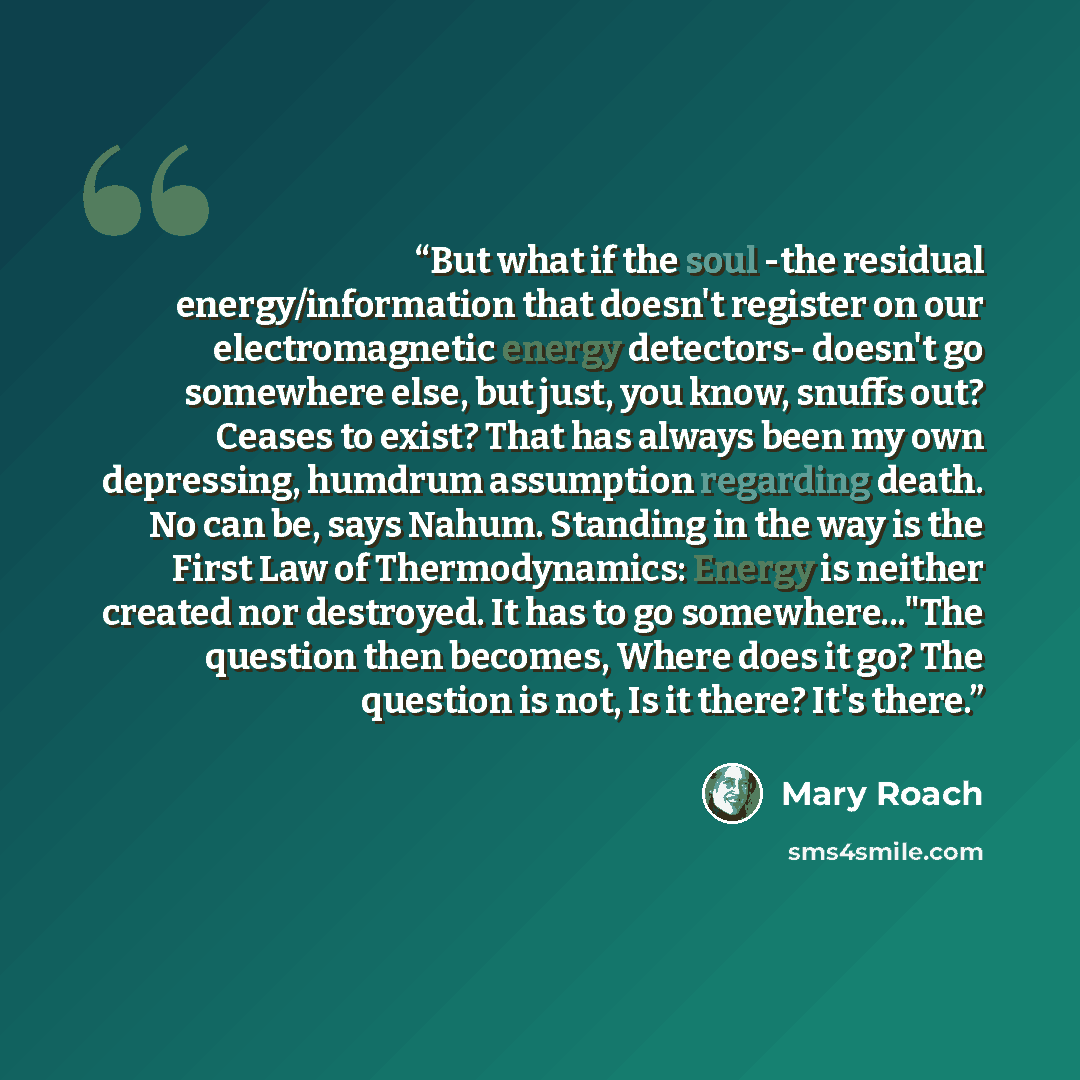 “But what if the soul -the residual energy/information that doesn't register on our electromagnetic energy detectors- doesn't go somewhere else, but just, you know, snuffs out? Ceases to exist? That has always been my own depressing, humdrum assumption regarding death. No can be, says Nahum…” quote by Mary Roach