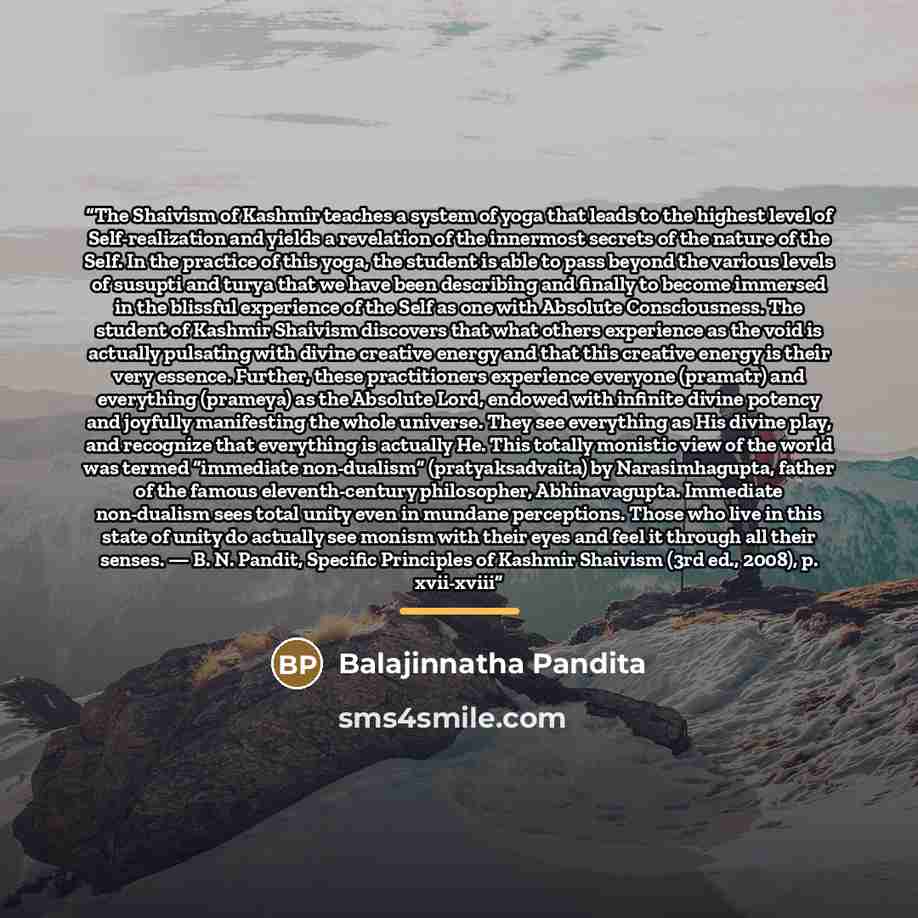 “The Shaivism of Kashmir teaches a system of yoga that leads to the highest level of Self-realization and yields a revelation of the innermost secrets of the nature of the Self. In the practice of this yoga, the student is able to pass beyond the various levels of susupti and turya that we have…” quote by Balajinnatha Pandita
