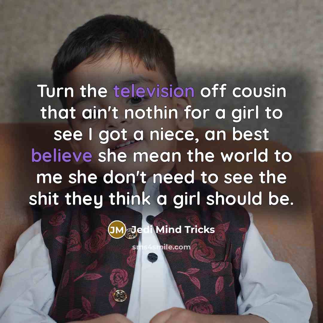“Turn the television off cousin that ain't nothin for a girl to see I got a niece, an best believe she mean the world to me she don't need to see the shit they think a girl should be.” quote by Jedi Mind Tricks