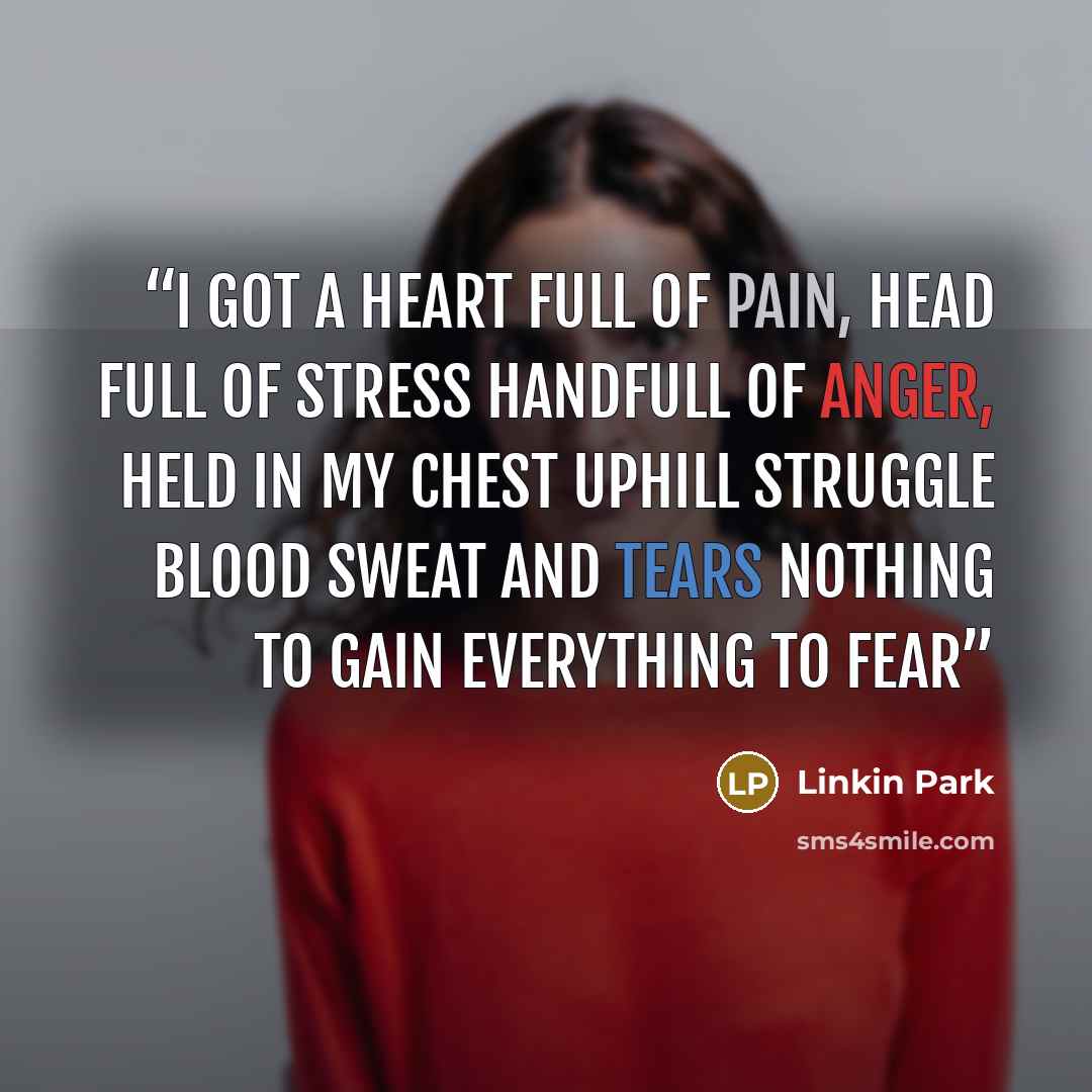 “I got a heart full of pain, head full of stress handfull of anger, held in my chest Uphill struggle Blood sweat and tears Nothing to gain Everything to fear” quote by Linkin Park