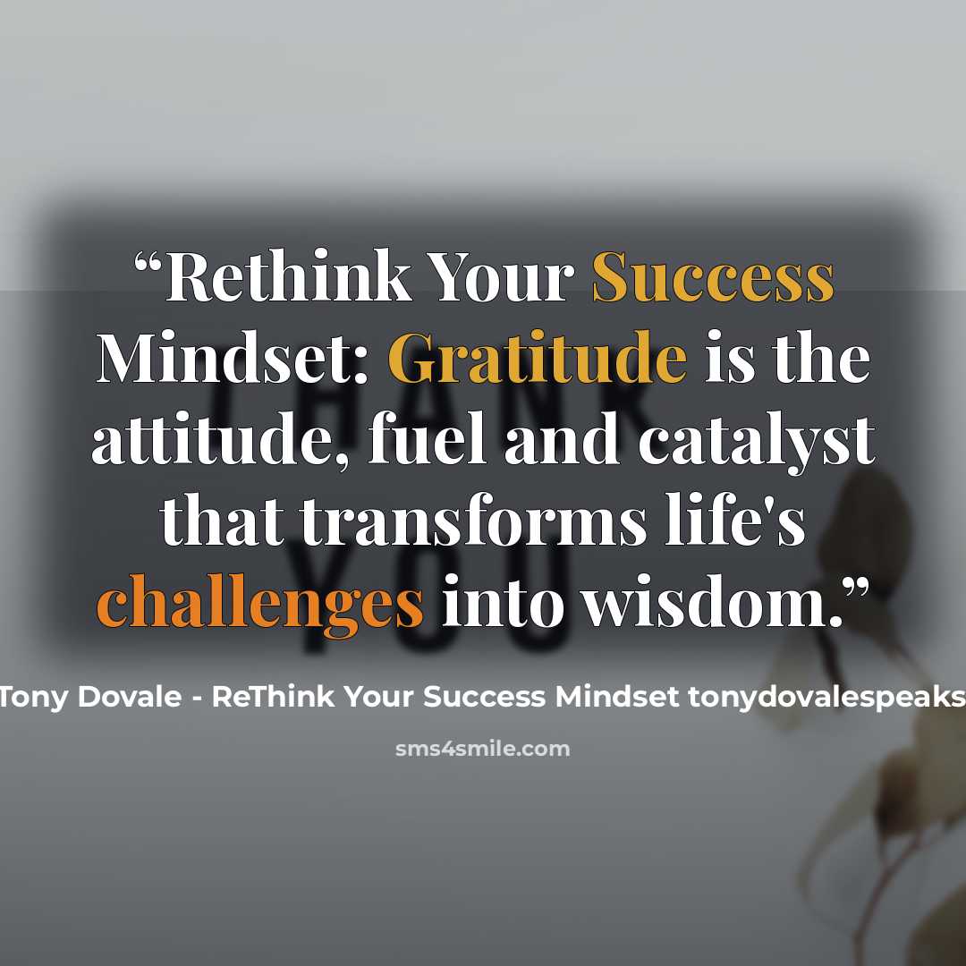 “Rethink Your Success Mindset: Gratitude is the attitude, fuel and catalyst that transforms life's challenges into wisdom.” quote by Tony Dovale - ReThink Your Success Mindset tonydovalespeaks.com
