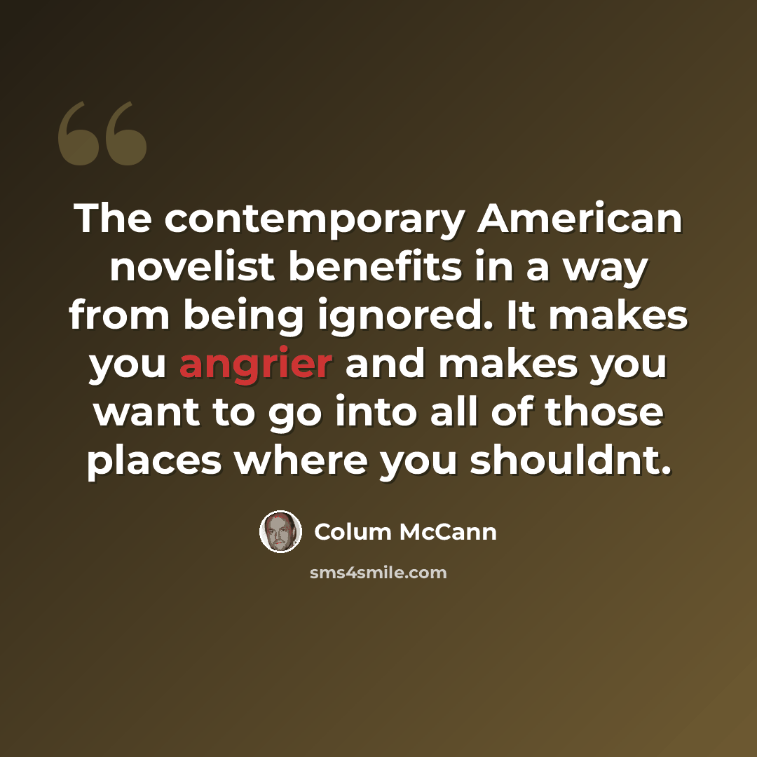 “The contemporary American novelist benefits in a way from being ignored. It makes you angrier and makes you want to go into all of those places where you shouldnt.” quote by Colum McCann