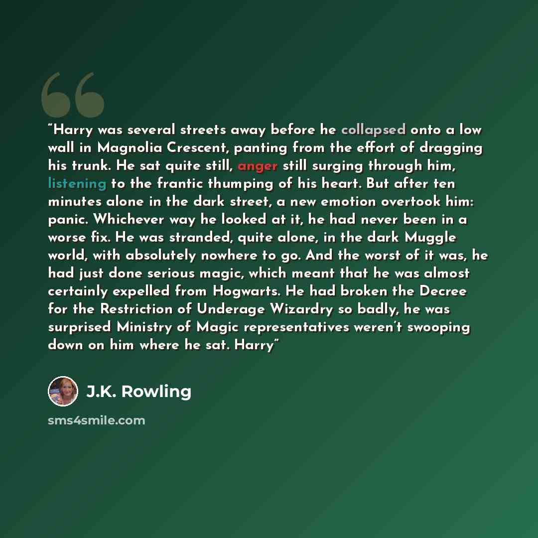 “Harry was several streets away before he collapsed onto a low wall in Magnolia Crescent, panting from the effort of dragging his trunk. He sat quite still, anger still surging through him, listening to the frantic thumping of his heart. But after ten minutes alone in the dark street, a new emotion…” quote by J.K. Rowling