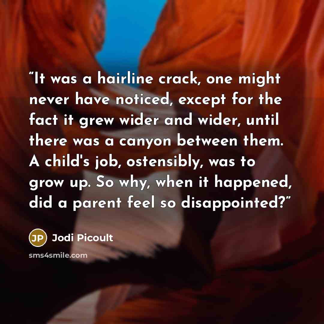 “It was a hairline crack, one might never have noticed, except for the fact it grew wider and wider, until there was a canyon between them. A child's job, ostensibly, was to grow up. So why, when it happened, did a parent feel so disappointed?” quote by Jodi Picoult