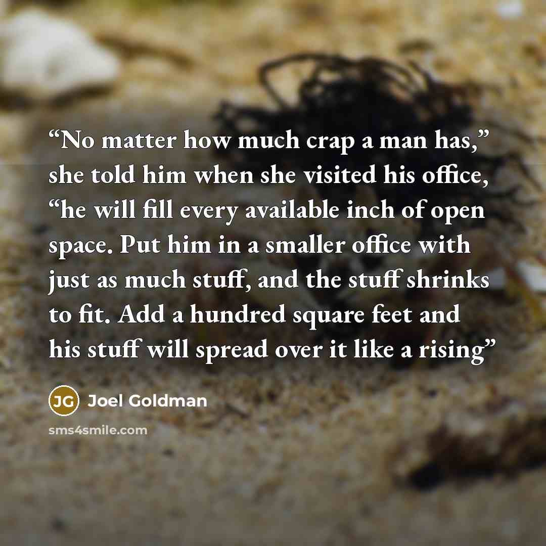 “No matter how much crap a man has,” she told him when she visited his office, “he will fill every available inch of open space. Put him in a smaller office with just as much stuff, and the stuff shrinks to fit. Add a hundred square feet and his stuff will spread over it like a rising” quote by Joel Goldman