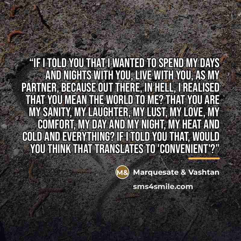 “If I told you that I wanted to spend my days and nights with you, live with you, as my partner, because out there, in Hell, I realised that you mean the world to me? That you are my sanity, my laughter, my lust, my love, my comfort, my day and my night, my heat and cold and everything? If I told…” quote by Marquesate & Vashtan