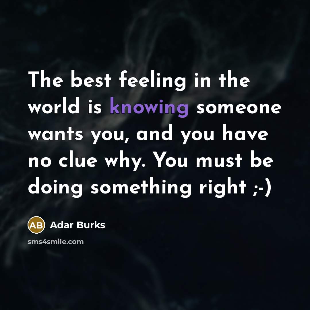 “The best feeling in the world is knowing someone wants you, and you have no clue why. You must be doing something right ;-)” quote by Adar Burks