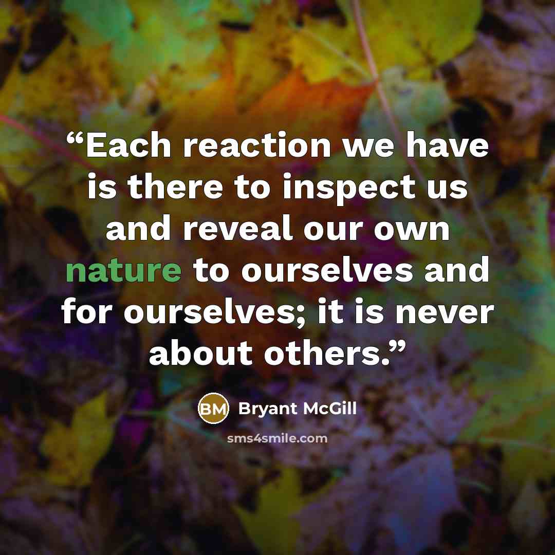 “Each reaction we have is there to inspect us and reveal our own nature to ourselves and for ourselves; it is never about others.” quote by Bryant McGill