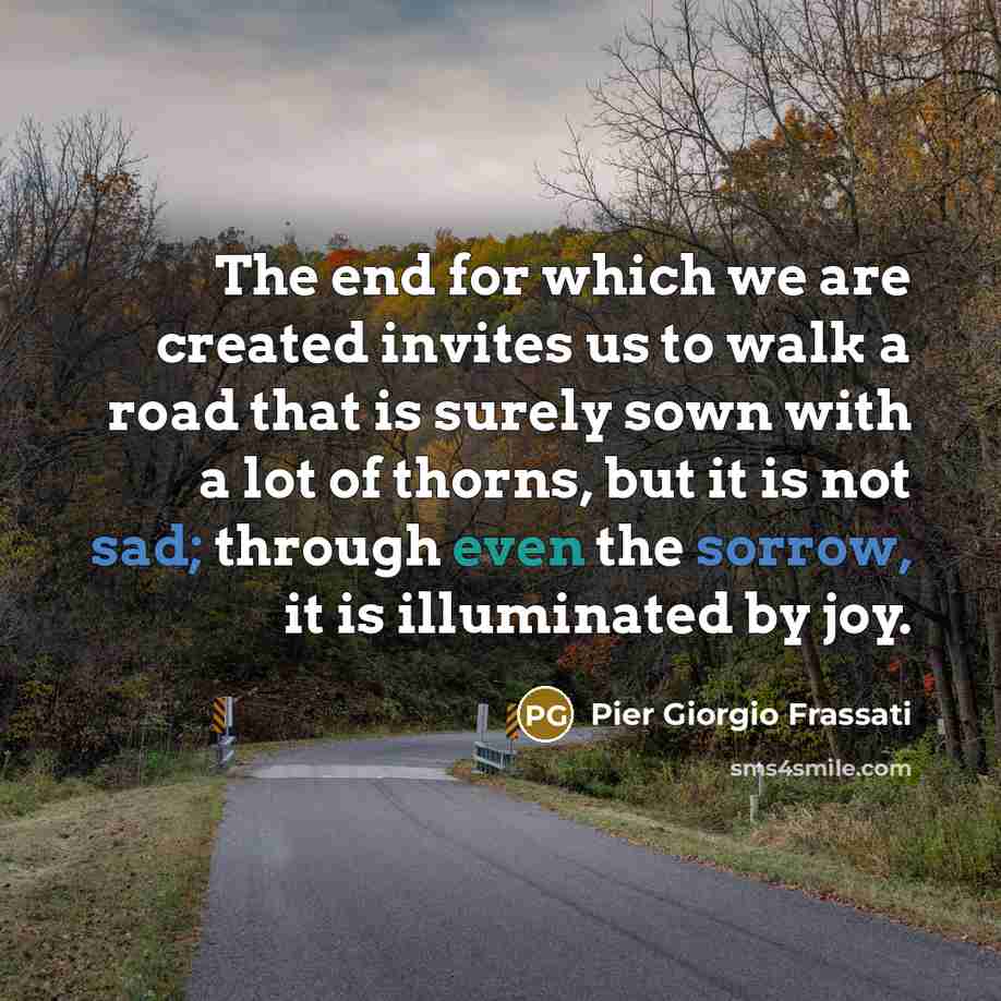 “The end for which we are created invites us to walk a road that is surely sown with a lot of thorns, but it is not sad; through even the sorrow, it is illuminated by joy.” quote by Pier Giorgio Frassati