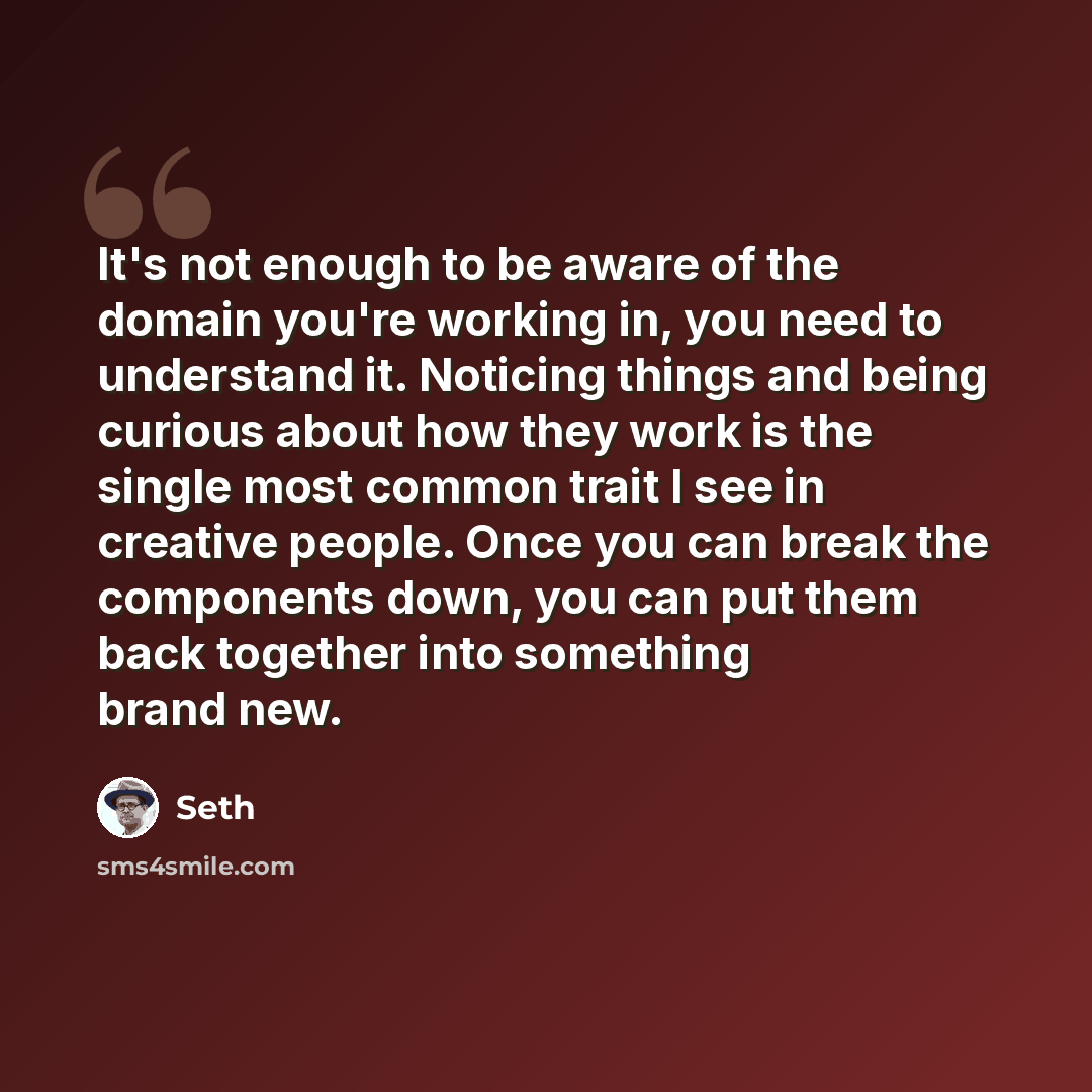 “It's not enough to be aware of the domain you're working in, you need to understand it. Noticing things and being curious about how they work is the single most common trait I see in creative people. Once you can break the components down, you can put them back together into something brand new.” quote by Seth