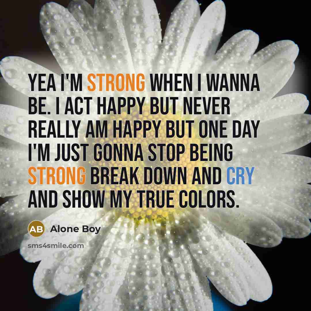 “Yea I'm strong when I wanna be. I act happy but never really am happy but one day I'm just gonna stop being strong break down and cry and show my true colors.” quote by Alone Boy