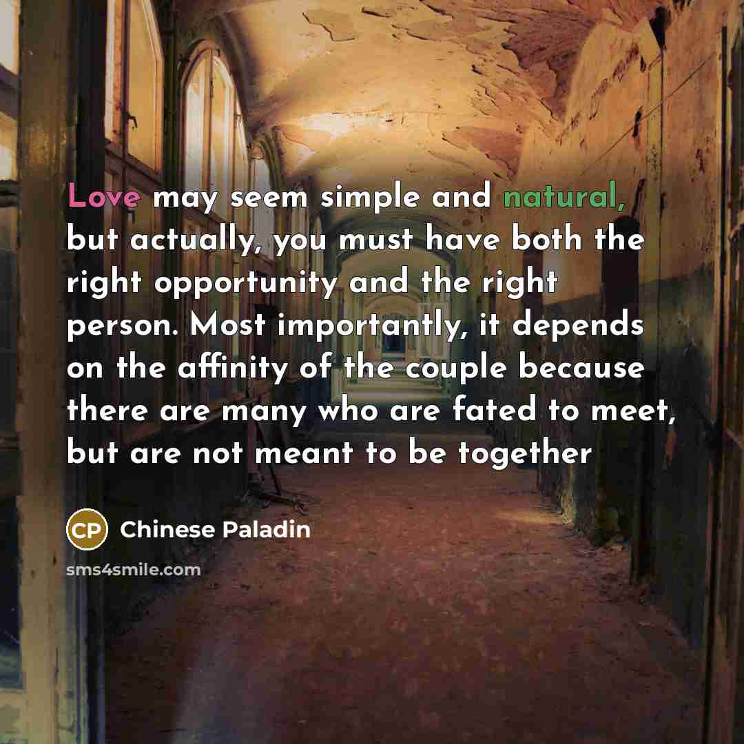 “Love may seem simple and natural, but actually, you must have both the right opportunity and the right person. Most importantly, it depends on the affinity of the couple because there are many who are fated to meet, but are not meant to be together” quote by Chinese Paladin