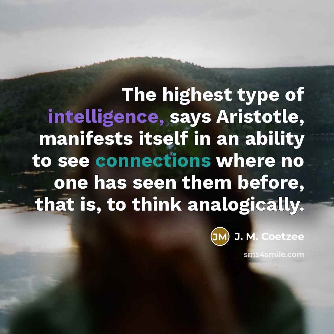 “The highest type of intelligence, says Aristotle, manifests itself in an ability to see connections where no one has seen them before, that is, to think analogically.” quote by J. M. Coetzee