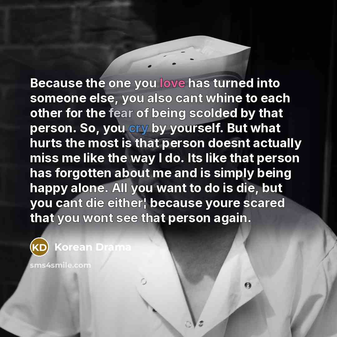 “Because the one you love has turned into someone else, you also cant whine to each other for the fear of being scolded by that person. So, you cry by yourself. But what hurts the most is that person doesnt actually miss me like the way I do. Its like that person has forgotten about me and is…” quote by Korean Drama