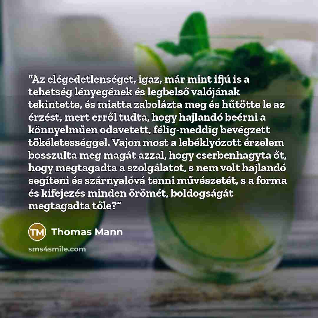 “Az elégedetlenséget, igaz, már mint ifjú is a tehetség lényegének és legbelső valójának tekintette, és miatta zabolázta meg és hűtötte le az érzést, mert erről tudta, hogy hajlandó beérni a könnyelműen odavetett, félig-meddig bevégzett tökéletességgel. Vajon most a lebéklyózott érzelem bosszulta…” quote by Thomas Mann