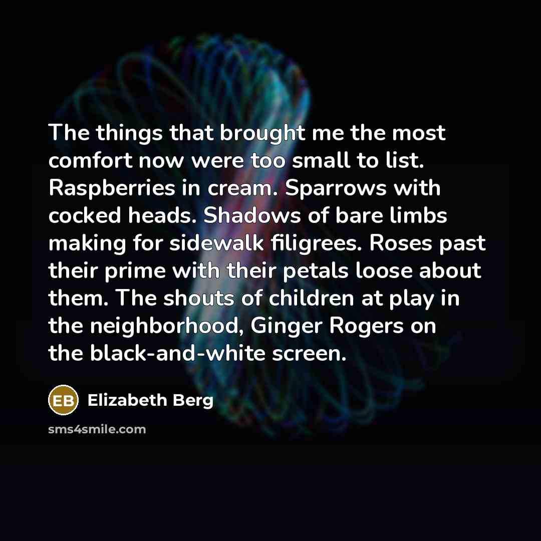 “The things that brought me the most comfort now were too small to list. Raspberries in cream. Sparrows with cocked heads. Shadows of bare limbs making for sidewalk filigrees. Roses past their prime with their petals loose about them. The shouts of children at play in the neighborhood, Ginger…” quote by Elizabeth Berg