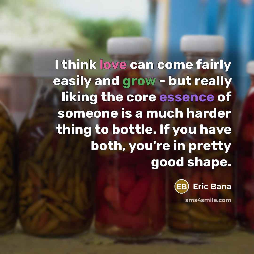 “I think love can come fairly easily and grow - but really liking the core essence of someone is a much harder thing to bottle. If you have both, you're in pretty good shape.” quote by Eric Bana