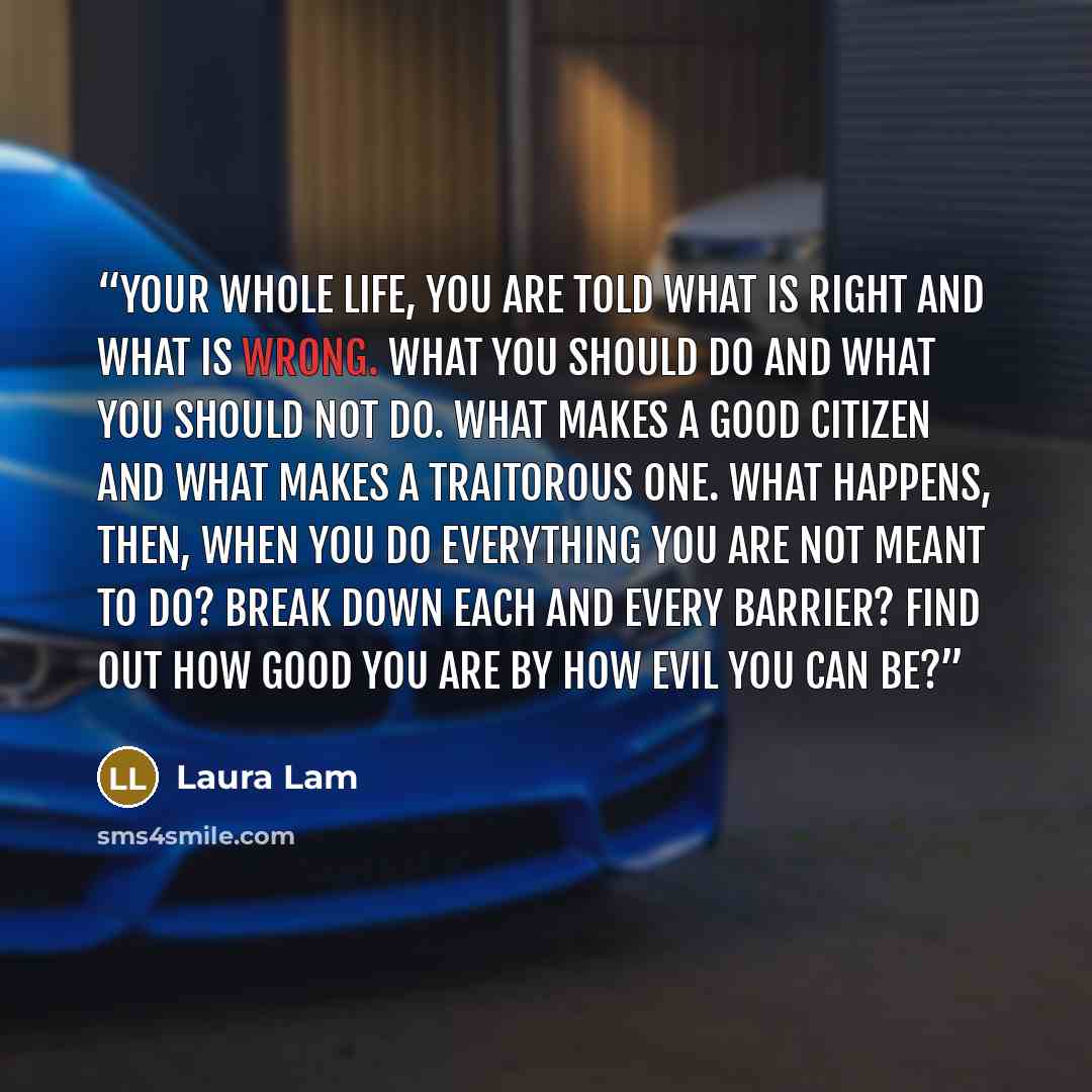 “Your whole life, you are told what is right and what is wrong. What you should do and what you should not do. What makes a good citizen and what makes a traitorous one. What happens, then, when you do everything you are not meant to do? Break down each and every barrier? Find out how good you are…” quote by Laura Lam