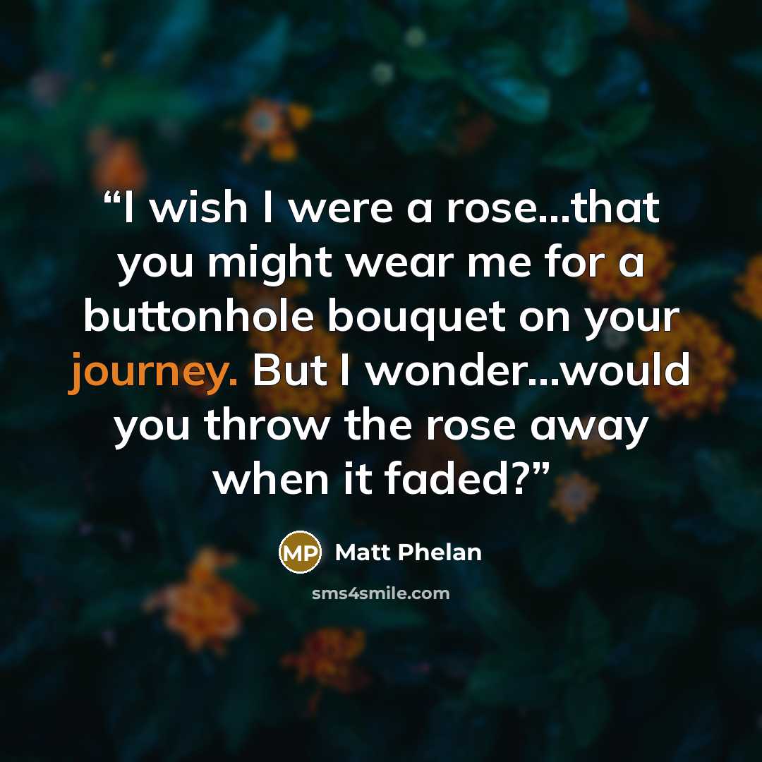“I wish I were a rose...that you might wear me for a buttonhole bouquet on your journey. But I wonder...would you throw the rose away when it faded?” quote by Matt Phelan