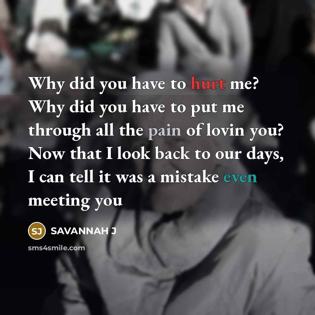 “Why did you have to hurt me? Why did you have to put me through all the pain of lovin you? Now that I look back to our days, I can tell it was a mistake even meeting you” quote by Savannah J