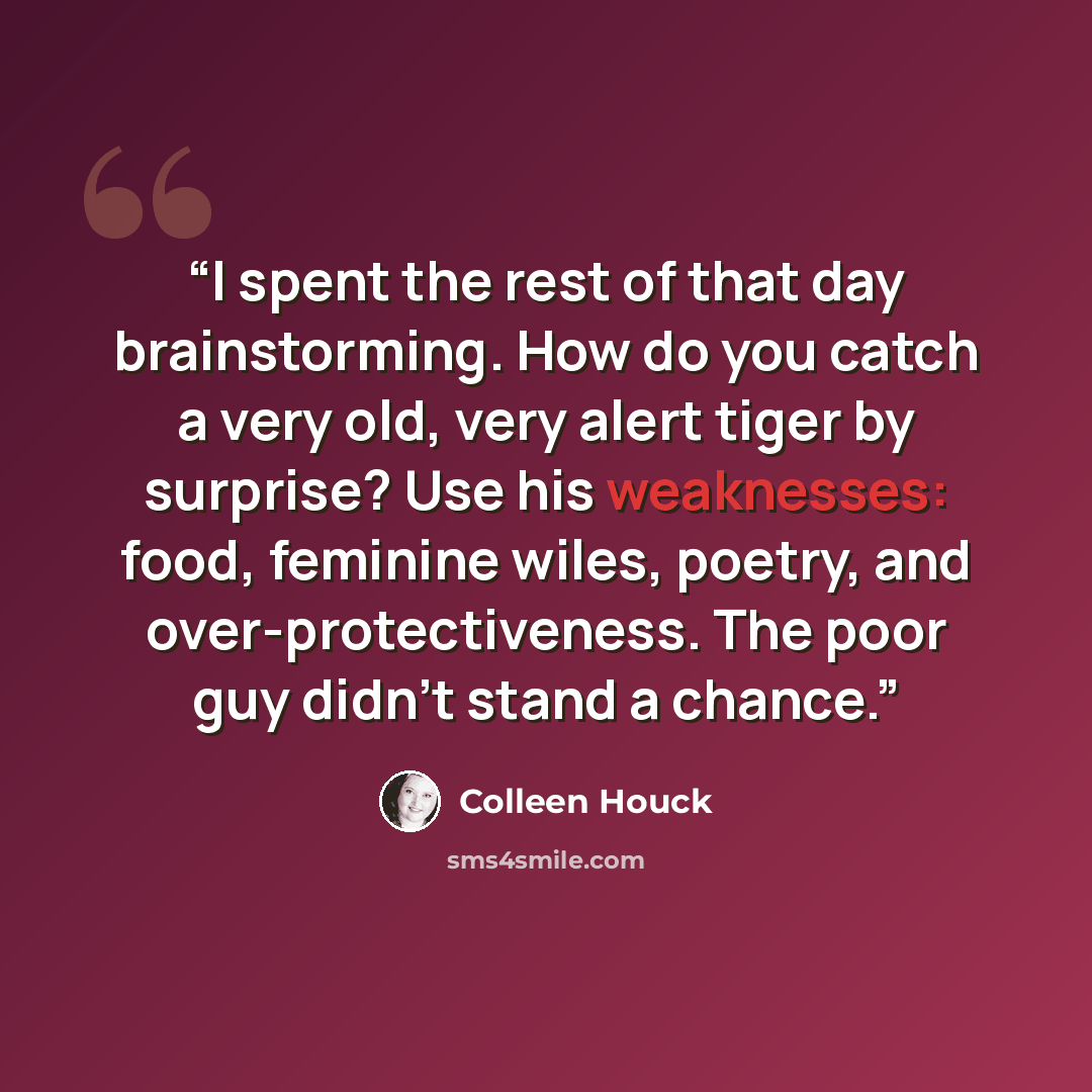 “I spent the rest of that day brainstorming. How do you catch a very old, very alert tiger by surprise? Use his weaknesses: food, feminine wiles, poetry, and over-protectiveness. The poor guy didn't stand a chance.” quote by Colleen Houck