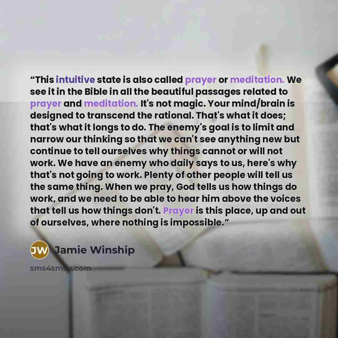 “This intuitive state is also called prayer or meditation. We see it in the Bible in all the beautiful passages related to prayer and meditation. It's not magic. Your mind/brain is designed to transcend the rational. That's what it does; that's what it longs to do. The enemy's goal is to limit and…” quote by Jamie Winship